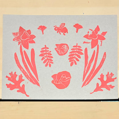 The Pollinator original block print; bumblebee, daffodils, rosebuds, oak leaf