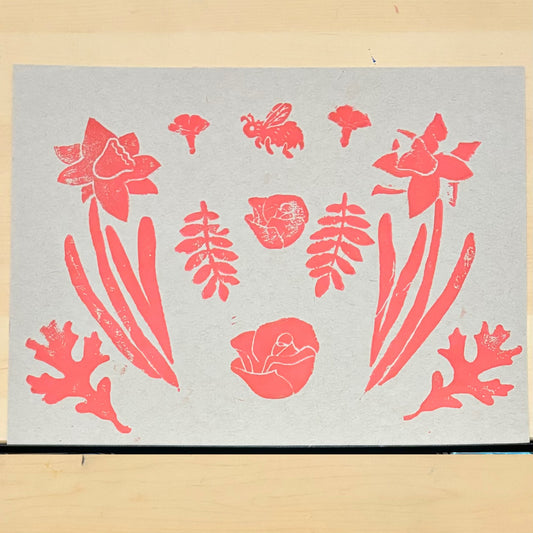 The Pollinator original block print; bumblebee, daffodils, rosebuds, oak leaf