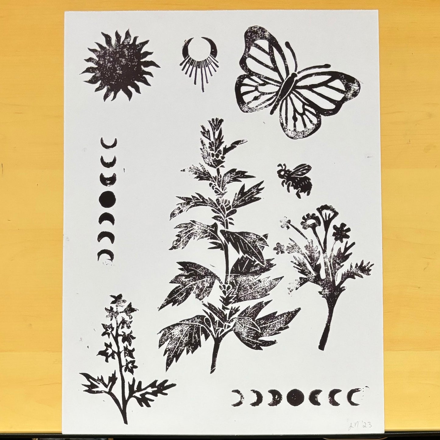 Motherwort Magic original block print; sun, butterfly, motherwort