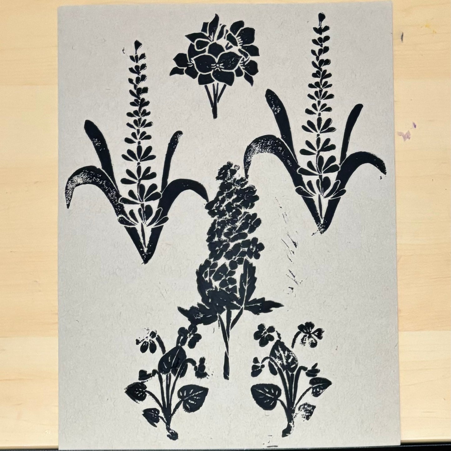 Wildflowers original block print; lavender, larkspur, violets