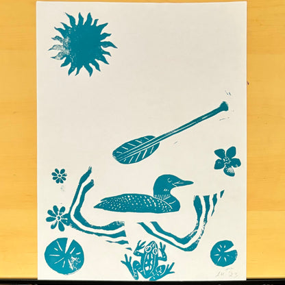 Lakeside Afternoon original block print; sun, canoe paddle, loon