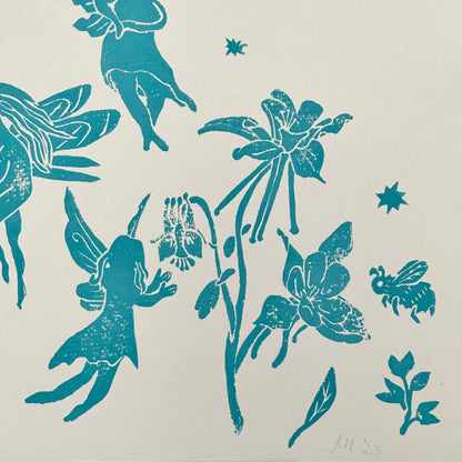 Fairy Garden original block print; fairies, clover, columbine