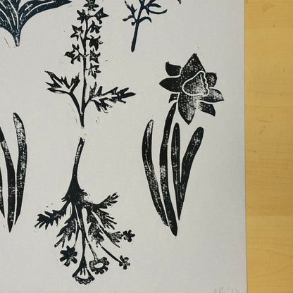 Flowers in Abundance original block print; lily of the valley, daisies, daffodils