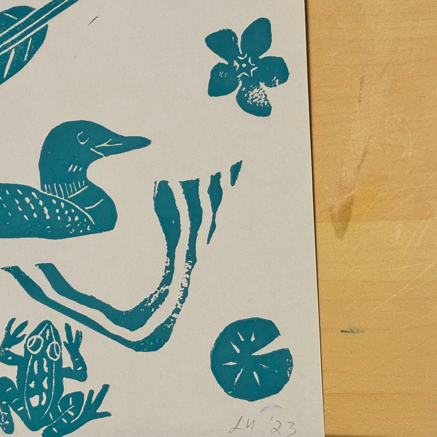 Lakeside Afternoon original block print; sun, canoe paddle, loon