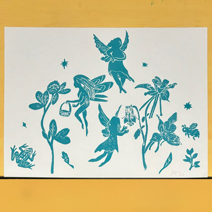 Fairy Garden original block print; fairies, clover, columbine