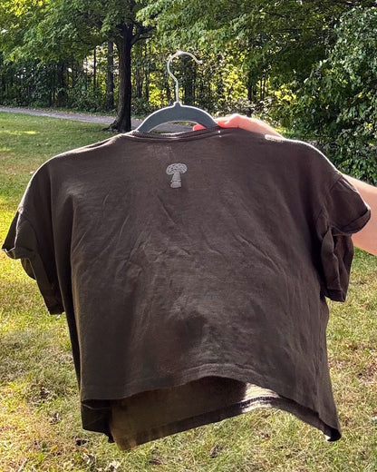 Pomegranate Proliferation; cropped olive green t-shirt featuring a pomegranate and amanita muscaria