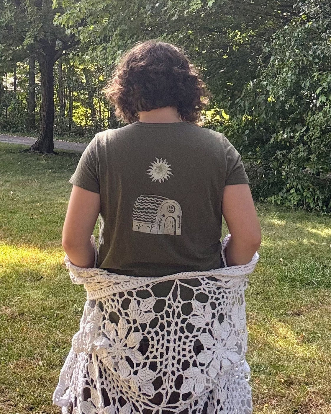 Fairy Garden Party; olive green short sleeve t-shirt featuring fairies and wildflowers